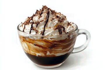 Chocolate drink with whipped cream on a white background.