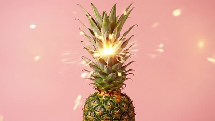 Pineapple with sparkler on pink background.