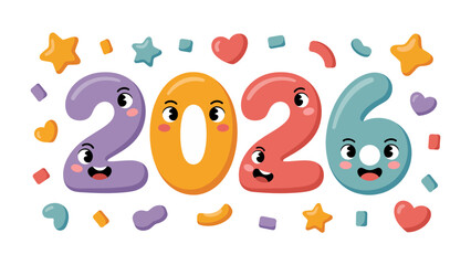 New Year 2026 Celebration: A cheerful and vibrant cartoon illustration of the number 2026, surrounded by confetti and charming stars and hearts.