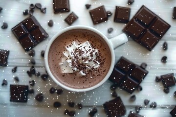 Hot chocolate with whipped cream and chocolate pieces on a white background.