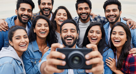 Happy Young Indian Friends Taking a Joyful Group Selfie