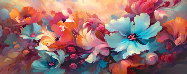 Abstract floral painting with blue and warm tone blossoms in expressive artistic style