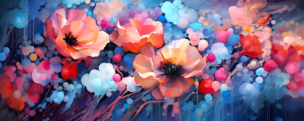 Abstract floral painting with colorful blooming flowers and artistic brush strokes