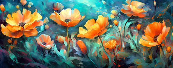 Vibrant orange flowers in dreamy artistic fantasy garden illustration