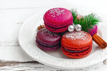 Colorful macarons with holiday decorations on a white plate.
