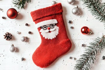 Red Christmas stocking with Santa decoration on a white background.