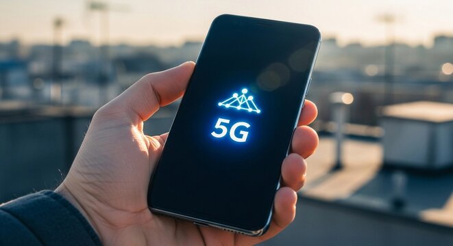 Person hand holding smartphone with with 5G icon on screen. Advanced mobile technology concept for fast internet and modern digital communication