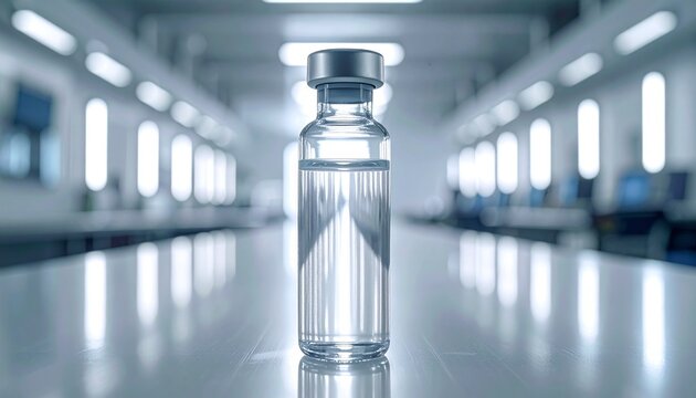 Suspended glass vial with falling droplet and soft shadow against light background showcasing scientific precision and pharmaceutical purity