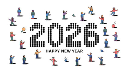 New Year Celebration 2026: A cheerful illustration of the year 2026, surrounded by diverse figures engaged in festive activities. It is a vibrant portrayal of collective joy, hope.