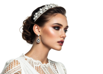 Elegant young woman adorned with a sparkling tiara and diamond earrings, exuding luxury and sophistication, perfect for bridal or highend promotional campaigns.