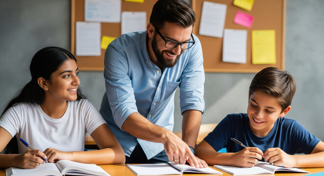 Smiling Teacher Guiding Diverse Students During Tutoring Session
