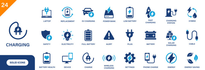 Charging icon. Includes cable, fast charging, EV, phone charge, battery, solar charging. Solid vector icon set.