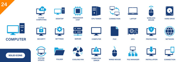 Computer icon. Including desktop, processor chip, cloud computing, hard drive, technology. Solid vector icon set.