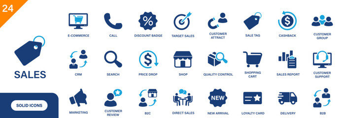 Sales icon. Includes sales tag, cashback, direct sales, CRM, B2C, customer support. Solid vector icon set.