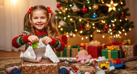 Happy little girl opening a christmas gift under a decorated tree with presents around