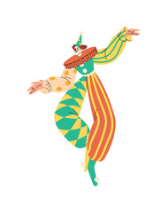 Naklejka na ściany i meble Funny clown in colored costume shows on stage. Harlequin, fool performs in circus. Cirque artist, joker, jester in suit is on carnival, festival. Flat isolated vector illustration on white background
