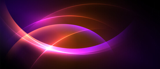 Obraz premium Abstract vibrant curves radiate from central bright point. Purple, orange hues blend, creating dynamic visual effect. Smooth gradients dominate composition.