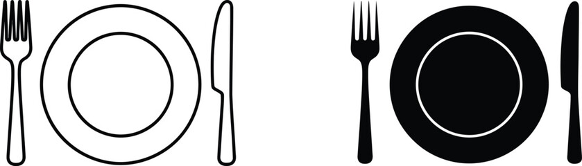Restaurant dining icons plate fork knife and utensils set