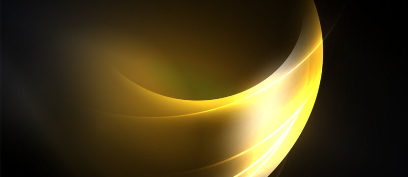 Abstract golden curves flow across dark background. Smooth gradients create dynamic, elegant visual effect. Light emphasizes form, depth.