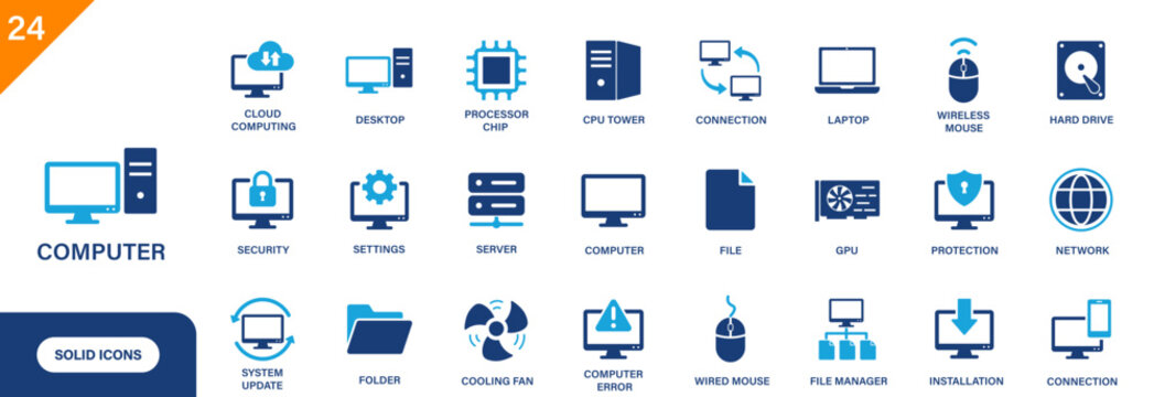 Computer icon. Including desktop, processor chip, cloud computing, hard drive, technology. Solid vector icon set.