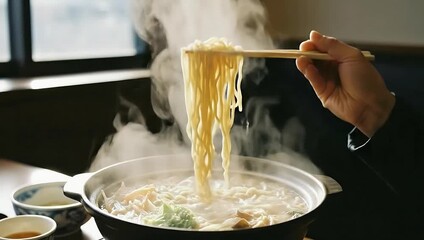 Hand lifting steaming noodles from hot soup pot. - Powered by Adobe