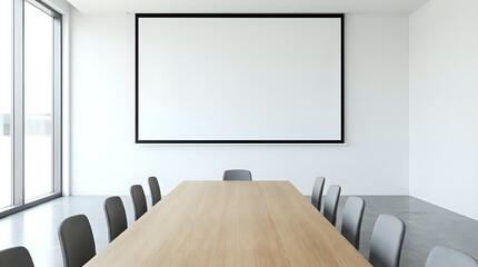 Modern corporate meeting room with a blank projection screen.