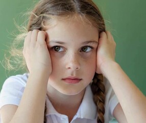 A young girl with braided hair looks thoughtfully pensive, resting her chin on her hand, with a soft expression against a green background. boring video
