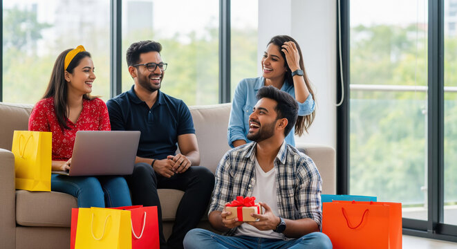 Happy diverse friends enjoying shopping and gifts at home