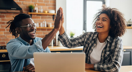 Happy African American Couple Celebrating Success with High Five