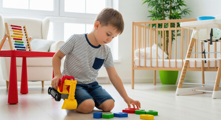 Young Boy Playing with Toy Excavator and Colorful Shapes