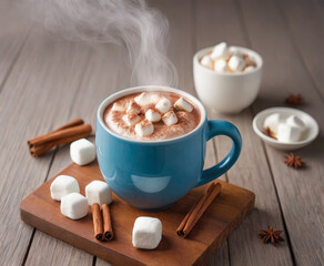 A blue steaming cup of coffee with marshmallows and cinnamon sticks, set on a rustic wooden table, creating a festive and aromatic winter mood