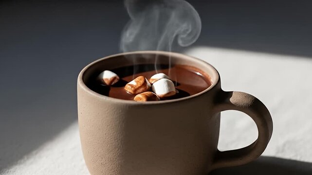 Steaming Hot Chocolate with Marshmallows in a Mug.