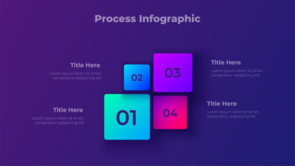 Modern Dark Step Blocks Infographic. Gradient Vector Square Process Diagram for Workflow, Structure and Business Presentation with 4 Steps, Options or Processes