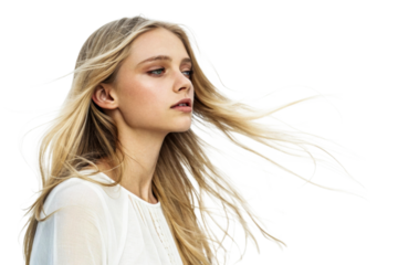 Young woman with flowing blonde hair and striking blue eyes, wearing a delicate white top, ideal for beauty and wellness concepts.