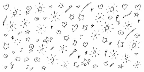 Hand drawn doodle pattern with hearts stars and musical notes