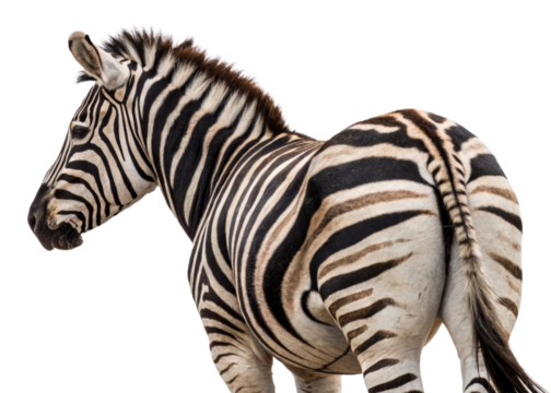 Closeup rear view of a zebra with striking black and white stripes, perfect for wildlife photography and savannathemed projects.