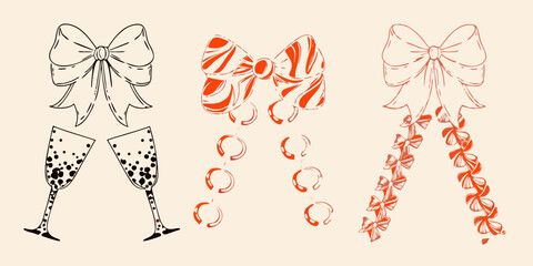 Festive celebration hand drawn champagne glasses and bows for special occasions