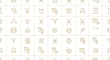 Collection of zodiac symbols and astrological signs arranged in a grid pattern with minimalist