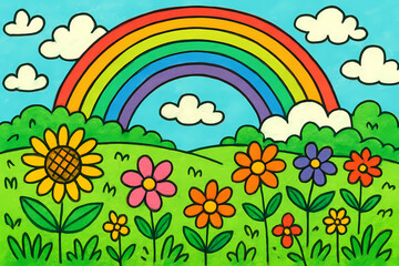 Colorful Doodle-Style Illustration Background with Flowers, Butterflies, and Rainbow