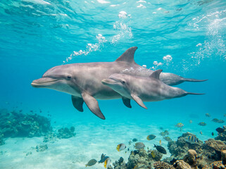 Fototapeta premium Dolphin swimming with calf underwater blue clear water ocean marine life family smile mammal aquatic animal intelligence freedom nature wildlife sea mother baby bond interaction close up side view