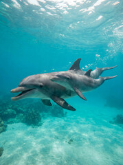 Dolphin swimming with calf underwater blue clear water ocean marine life family smile mammal aquatic animal intelligence freedom nature wildlife sea mother baby bond interaction close up side view
