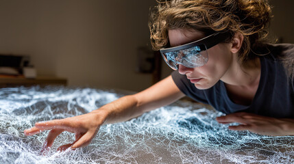 User touching complex glowing line virtual interface via immersive head-mounted display, for interaction design prototyping