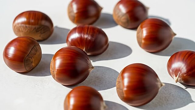Close-up of a group of chestnuts on a white surface.