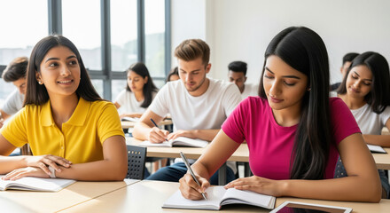 Diverse Students Studying and Learning Together in a Bright Classroom