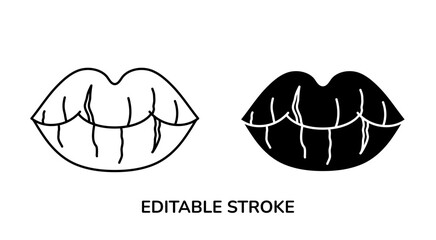 Cheilitis icon. Cracked lips sign, line and silhouette vector, editable stroke