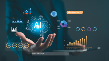 Fototapeta premium A business professional interacts with digital AI analytics, showcasing graphs and data visualizations that represent insights and technology.
