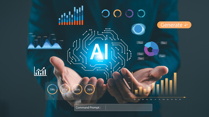 A person holds holographic data displays featuring AI-related graphics, showcasing analytics and technology in a modern, digital format.