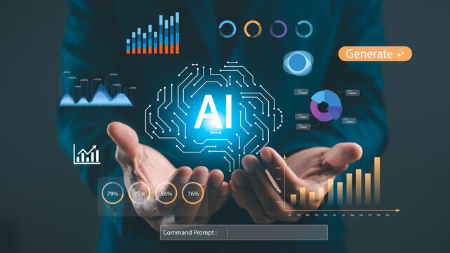 A person holds holographic data displays featuring AI-related graphics, showcasing analytics and technology in a modern, digital format.