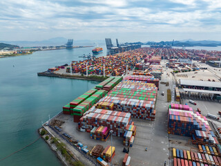 Aerial view of Manufacturing logistics cargo container ship at ship port in Yantian port, shenzhen city, China.export import business logistic international.