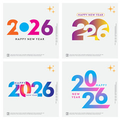 Festive, colorful vector collection of 2026 New Year designs featuring fireworks and geometric typography, optimized for social media posts and square greeting cards.